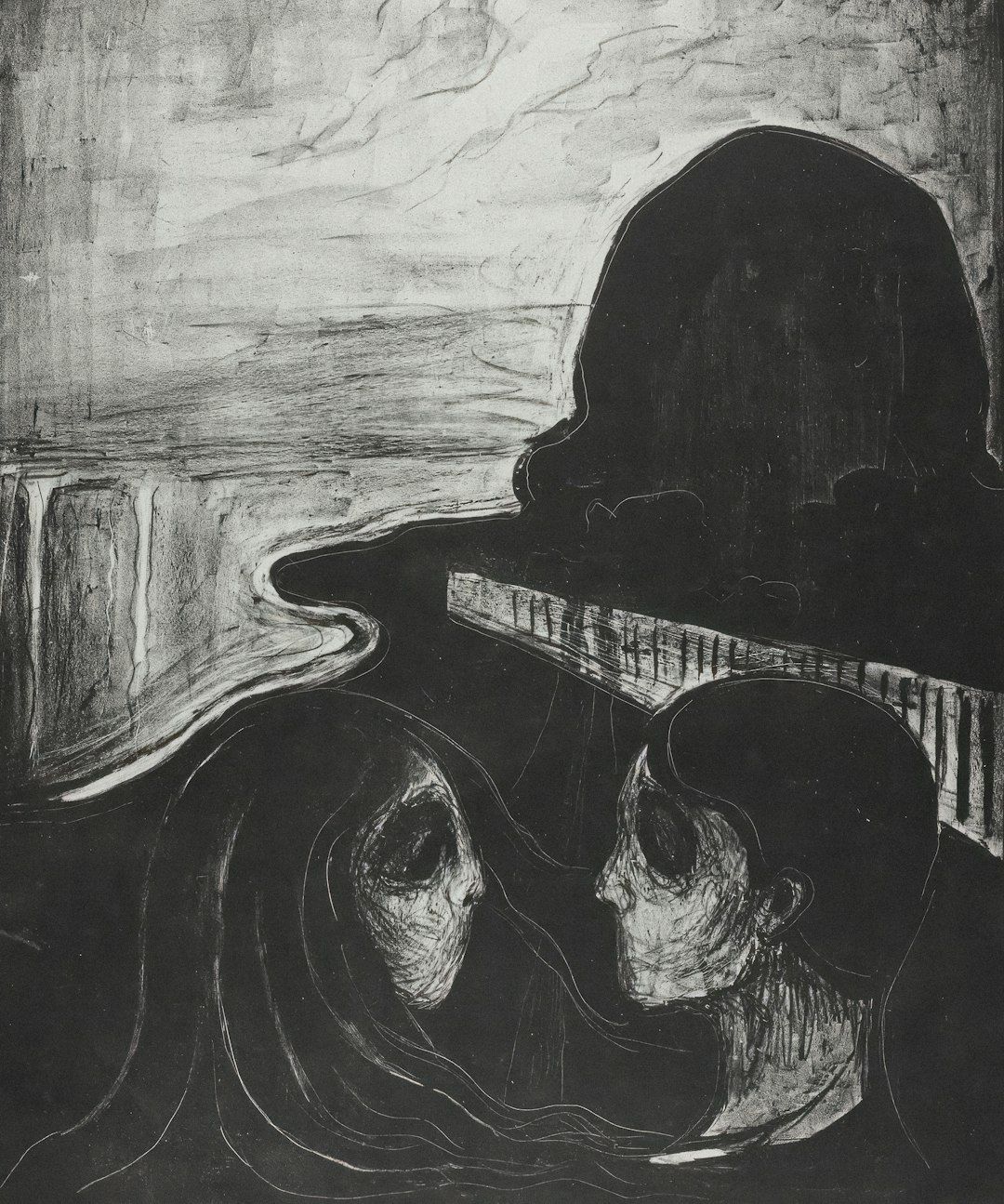 A black and white drawing of two people