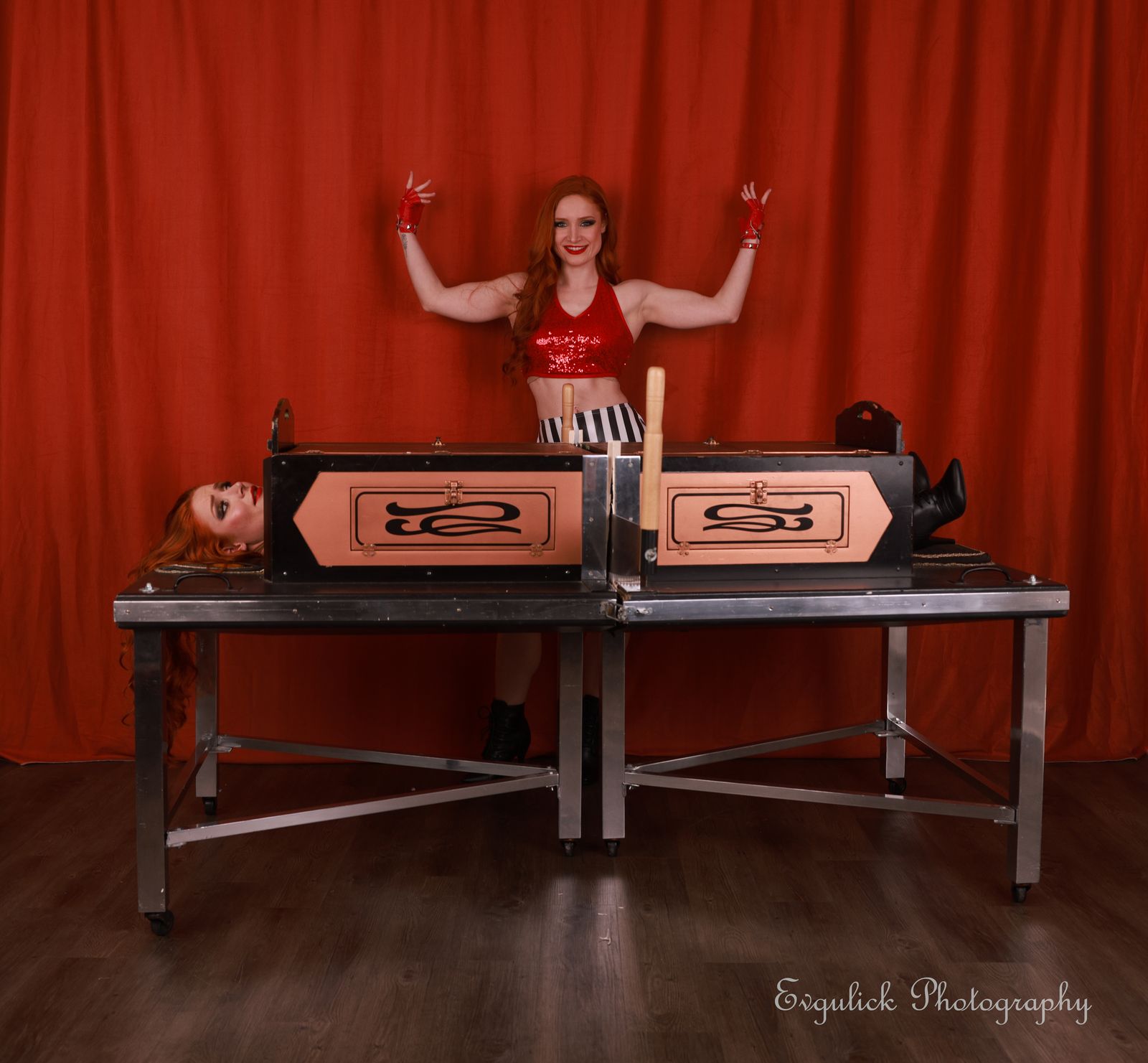 Rachel Read sawn in half by twin sister Autumn