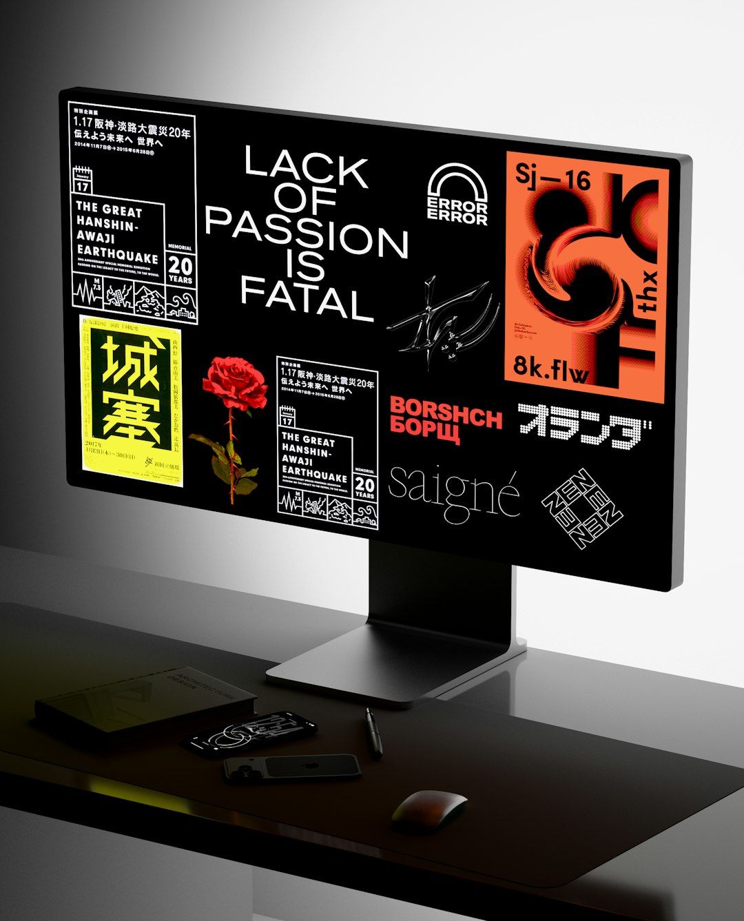 A 3D render of a computer monitor displaying graphic posters on a desk with a mouse and phone